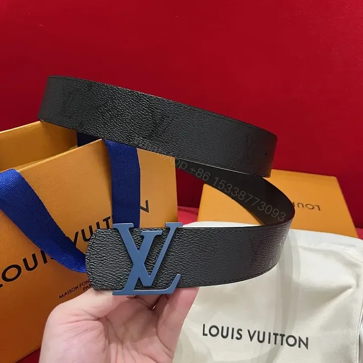 View 1 of Black Leather Belt with Oversized Blue LV Buckle