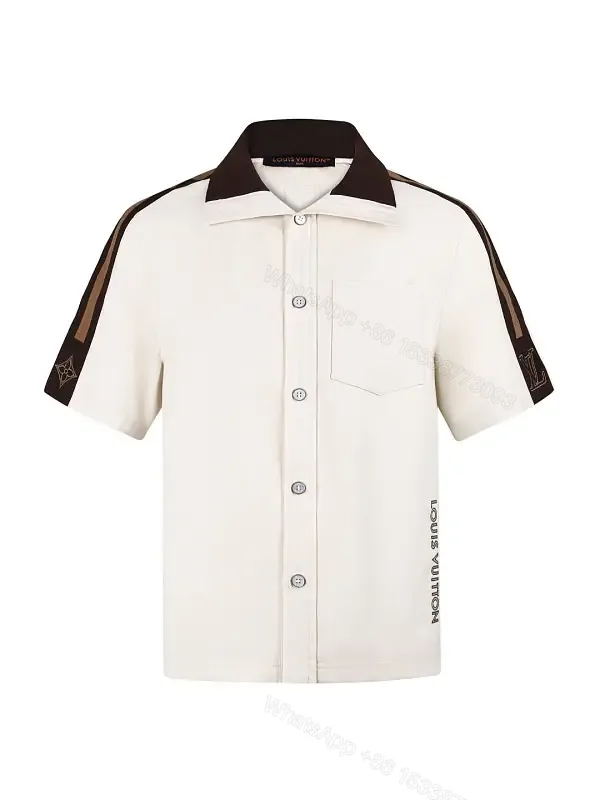 View 1 of Beige Cotton Shirt Jacket with Black Stripes, Louis Vuitton, Short Sleeve, Front Pocket, Classic Style