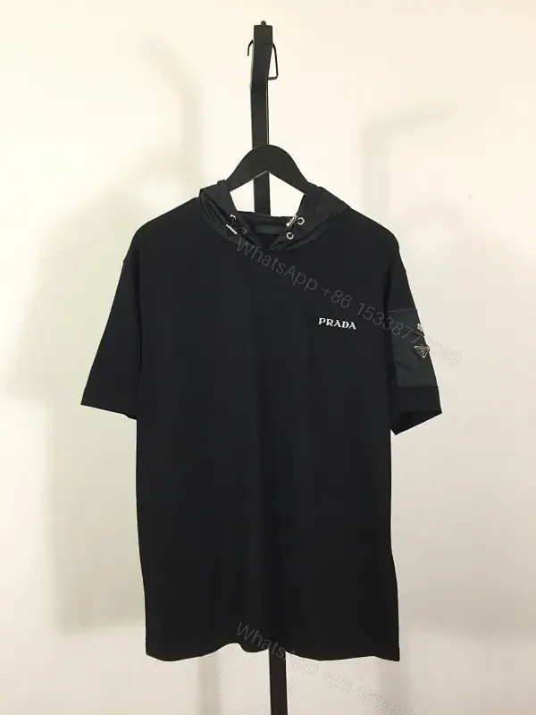 View 1 of Black Jersey Hooded Tee with Minimal Prada Detail