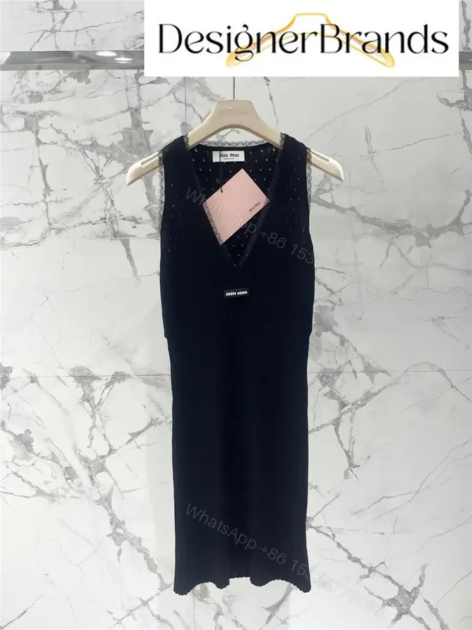 View 1 of Miu Miu Black Knitted Mini Dress with Lace Trim