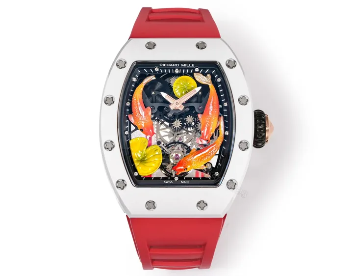View 1 of Richard Mille RM S10 Koi Tourbillon Watch Red Strap Colorful Koi Art Dial Red Gold Diamond Decoration Flying Tourbillon Mechanical Edition RM-S10-KOI-RDS-ART