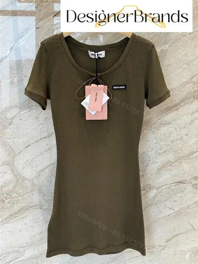 View 1 of Miu Miu Forest Green Waffle-Knit Cotton Dress