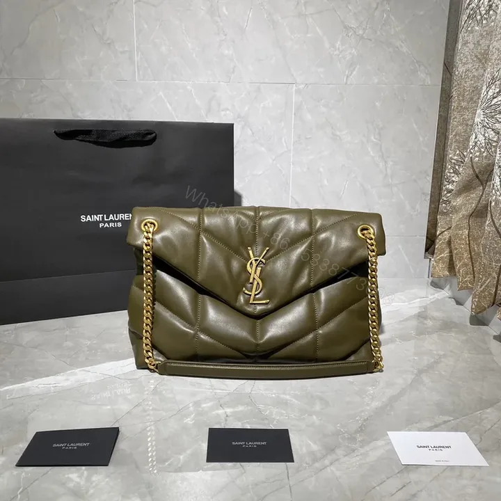 View 1 of Olive Green Quilted YSL Shoulder Bag: Gold Chain Luxury