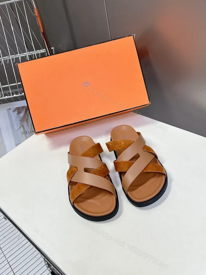 View 1 of Hermes Women Brown Suede Leather Sandals