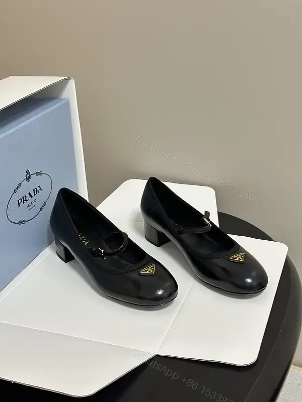 View 1 of Black Leather Mary Jane Heels with Logo Accent, Prada-inspired style