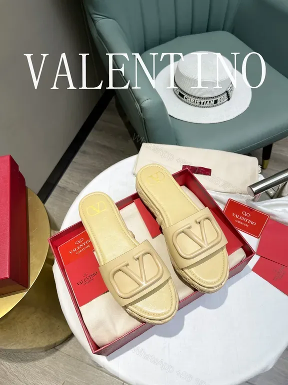 View 1 of Valentino Garavani Slides: Beige Calf Leather, V Logo, Comfort