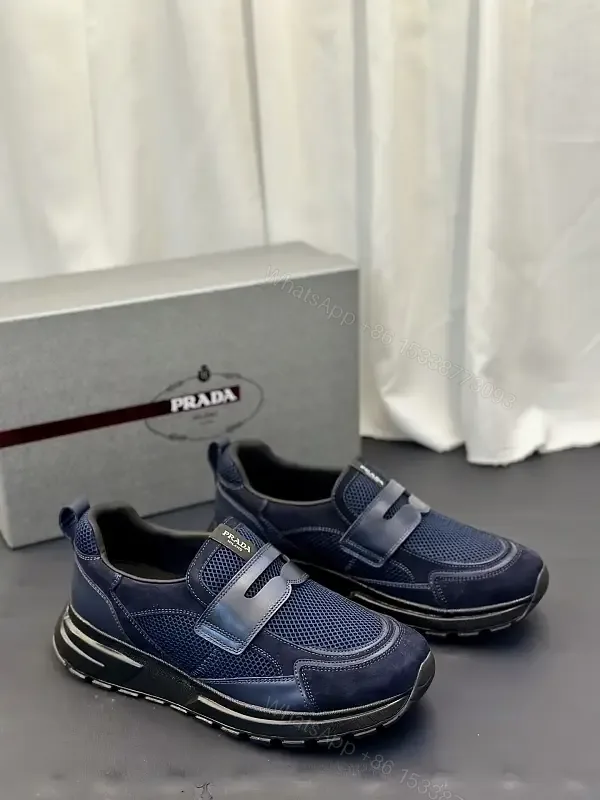 View 1 of Blue Mesh Slip-On Prada-Style Sneaker with Hook-and-loop Strap