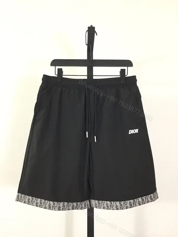 View 1 of Black Satin Drawstring Shorts Dior Logo Contrast Hem