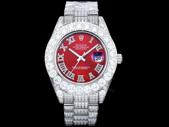 View 1 of Rolex Datejust Red Diamond Replica 42MM Premium Iced Steel Bracelet Red Dial Edition RG-ROLEX-DJ-RED-DIA-ICED-STL-42