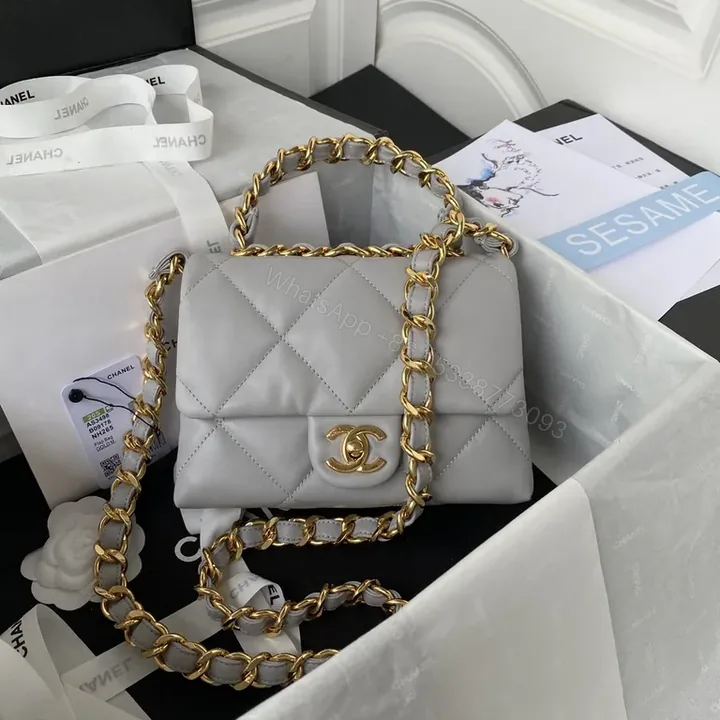 View 1 of Chanel-Inspired Quilted Mini Bag: Gray & Gold Chain Luxury