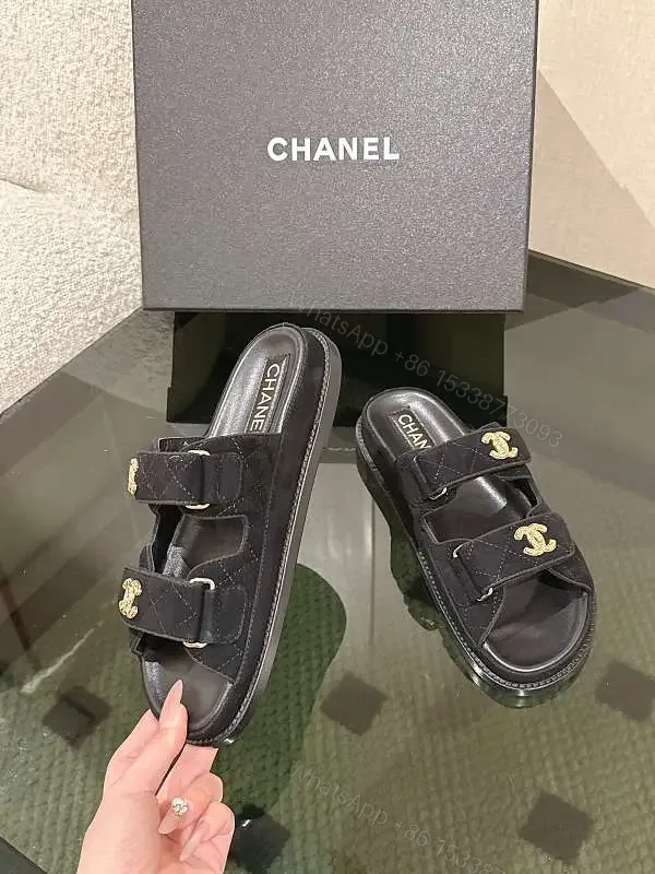 View 1 of Quilted Black Sliders with Gold Hardware — Everyday Luxury