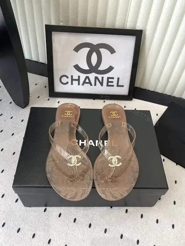 View 1 of Beige Leather Chanel Logo Flip-Flops Sandals