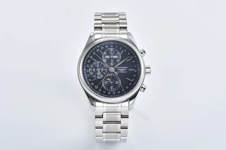 View 1 of Longines Master Collection Moonphase Chronograph Watch Silver Stainless Steel Strap Blue Dial 42mm Case TW V9 Edition