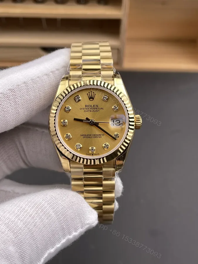 View 1 of Rolex Datejust 31 Yellow Gold Fluted President Champagne Diamond 178278-0018