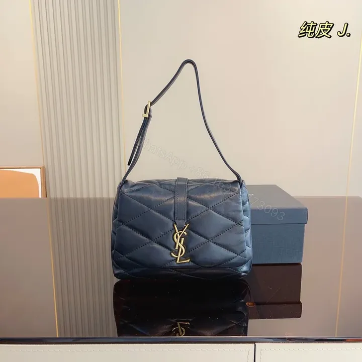 View 1 of Navy Quilted Leather Shoulder Bag with YSL Hardware