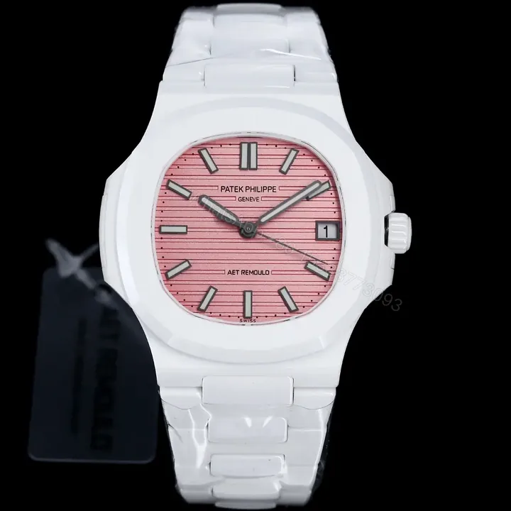 View 1 of Patek Philippe Pink Ceramic Nautilus Watch White Bracelet Ultimate 40MM PP-NAU-PNK-CER-WHT40