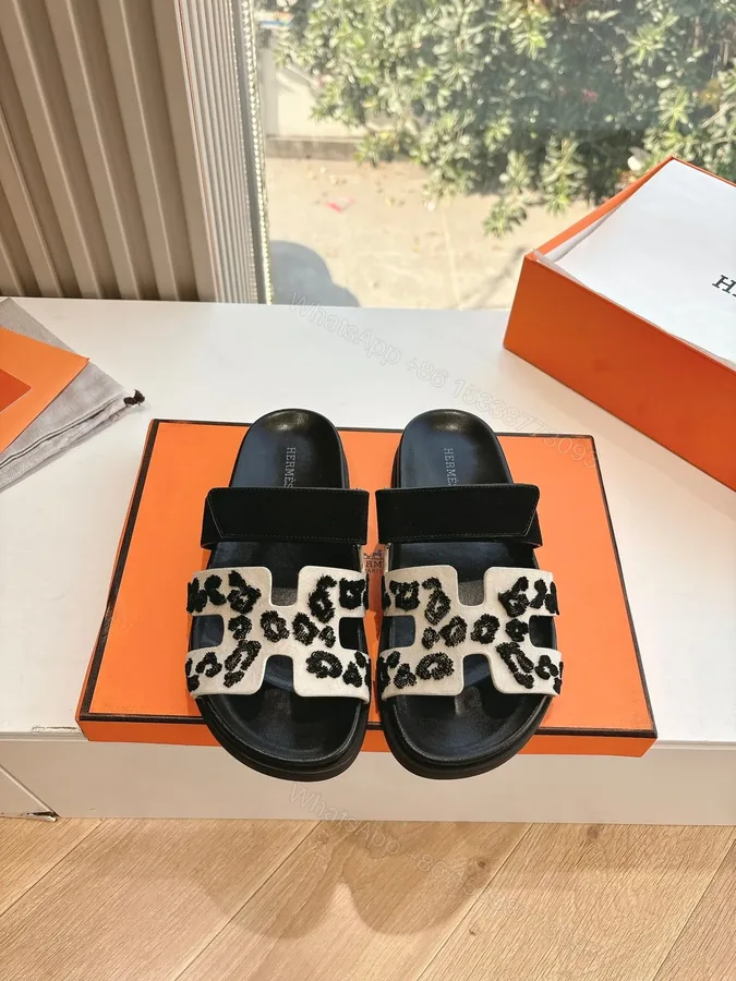 View 1 of Hermes Women Black Suede And Leopard Print Sandals