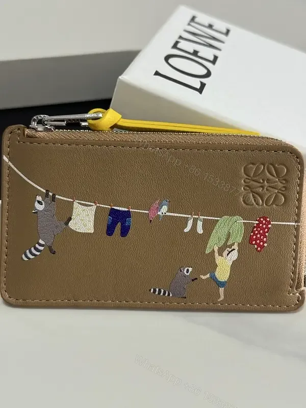 View 1 of Light Brown Leather Pebbled Wallet - ZipAround with Colorful Scene LOEWE Logo