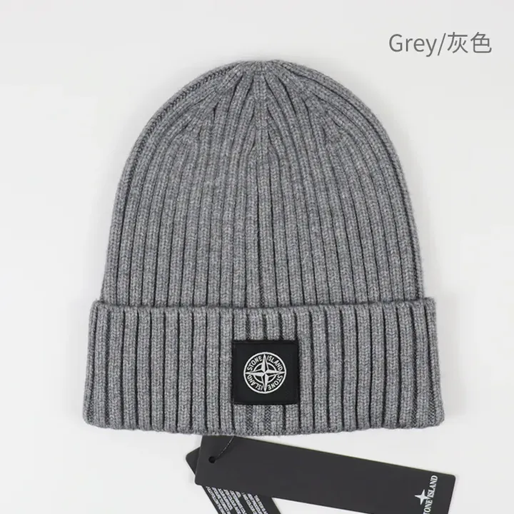 View 1 of Cozy Knit Beanie: Grey Wool-Blend, Minimalist, Signature Patch, Stone Island