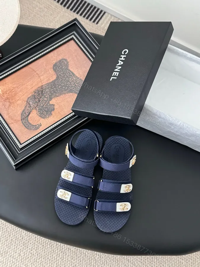 View 1 of Chanel Women Navy Fabric And Rubber Sandals