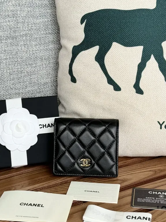 View 1 of Black Quilted Leather Wallet | Luxe Bi-Fold, Slim Gold Hardware