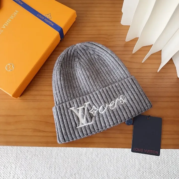View 1 of Grey Wool Knit Beanie with Subtle LV Logo