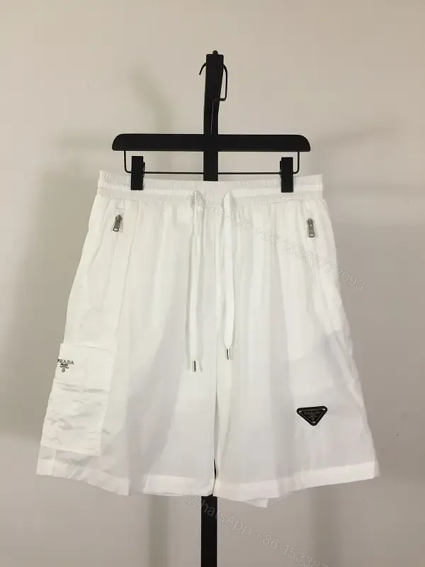 View 1 of White Linen Cargo Shorts, Drawstring, Zipper Pockets, Prada Style