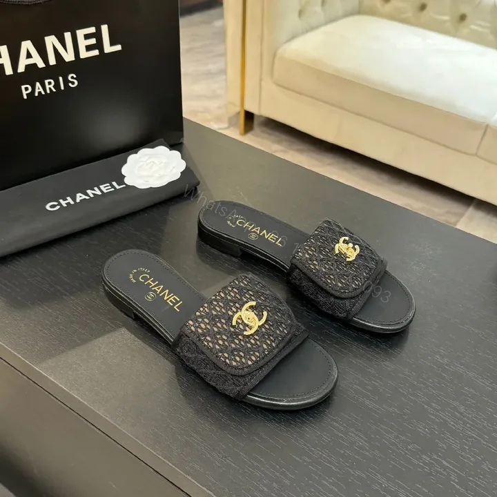 View 1 of Lux Black Chanel-Texture Slide with Gold Logo Accent
