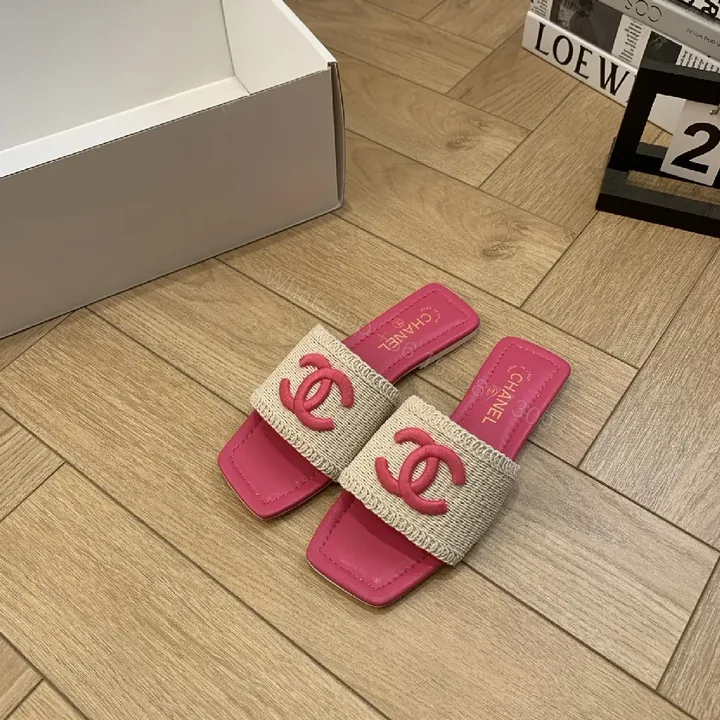 View 1 of Patterned Texture Slip-Ons: Bold Pink Footbed, Woven Strap Slides