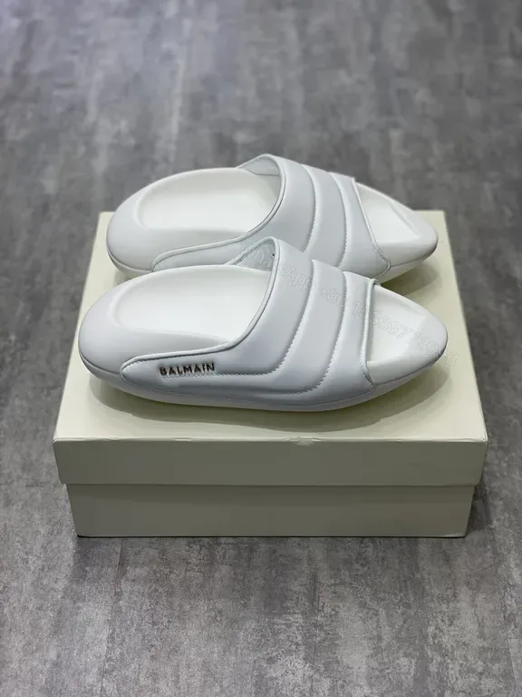 View 1 of White Balmain Leather Slides â€“ Contoured Comfort Slip-Ons