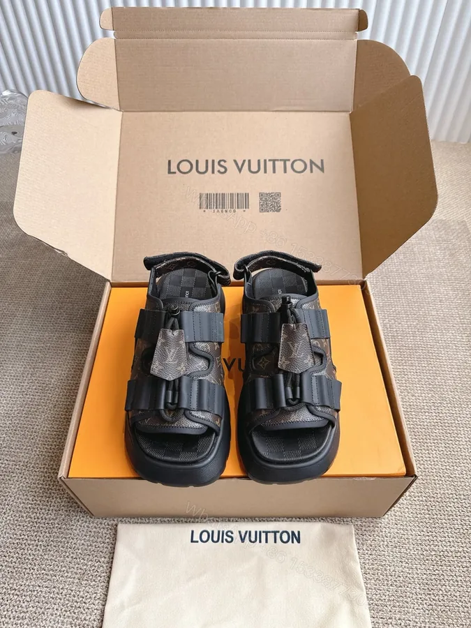 View 1 of LV Women Brown Leather Patterned Sandals