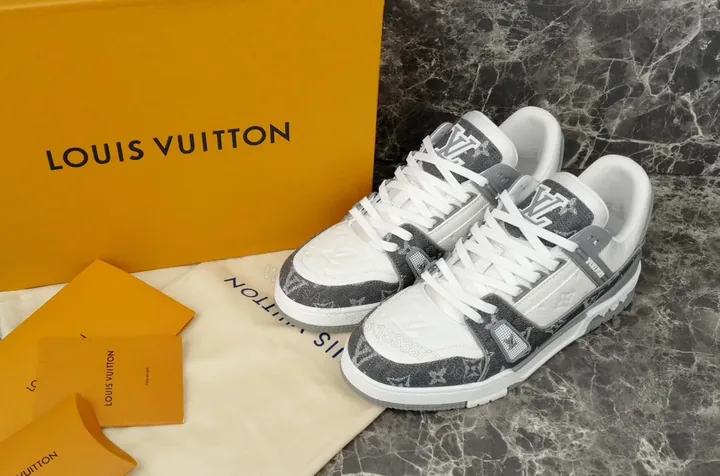 View 1 of White Leather Gray LV-Style Modern Sneaker with All-Day Comfort