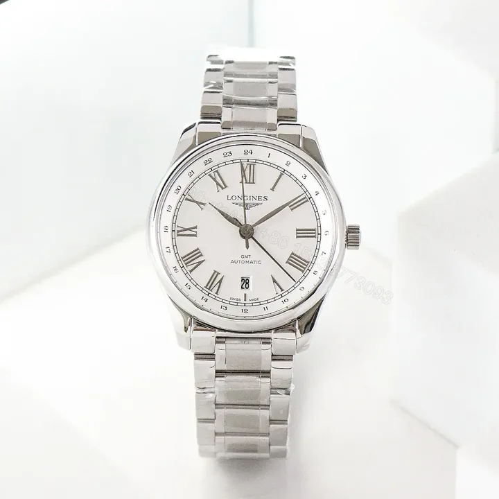 View 1 of Longines Master Collection Classic Re Edition GMT Watch White Dial Stainless Steel Bracelet 40mm Case Sapphire Crystal Italian Leather Strap Option