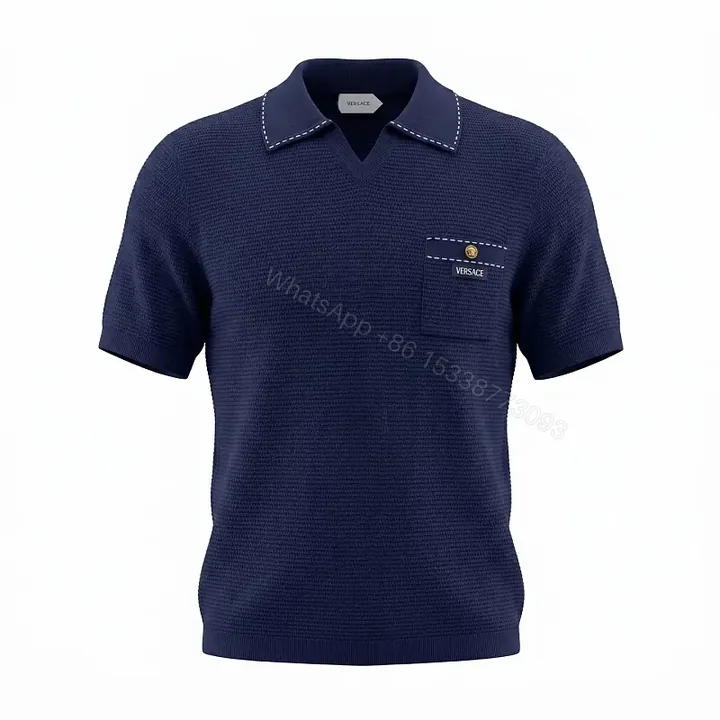 View 1 of Navy Knit Polo: V-Neck, Textured Grid, Pocket Detail, Versace Button