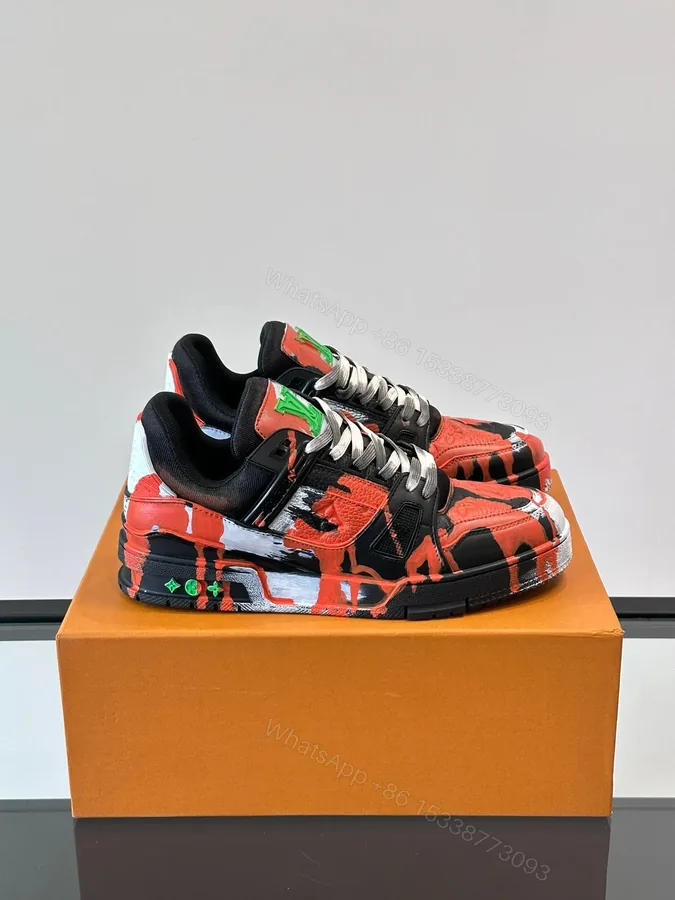 View 1 of LV Men Black Red Painted Leather Sneakers