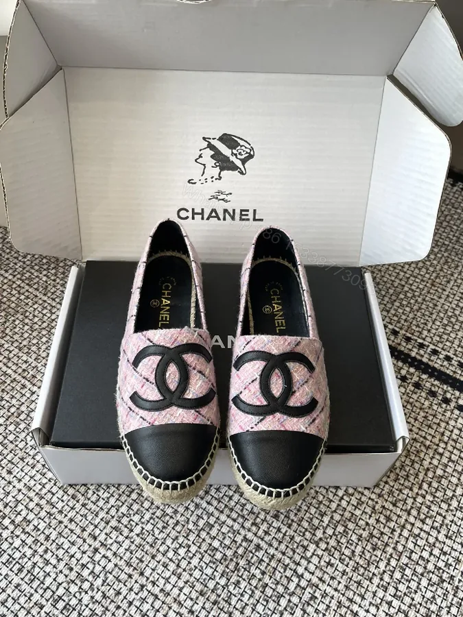 View 1 of Pink Tweed Espadrilles – Black Toe, Logo Detail, Slip-On Comfort