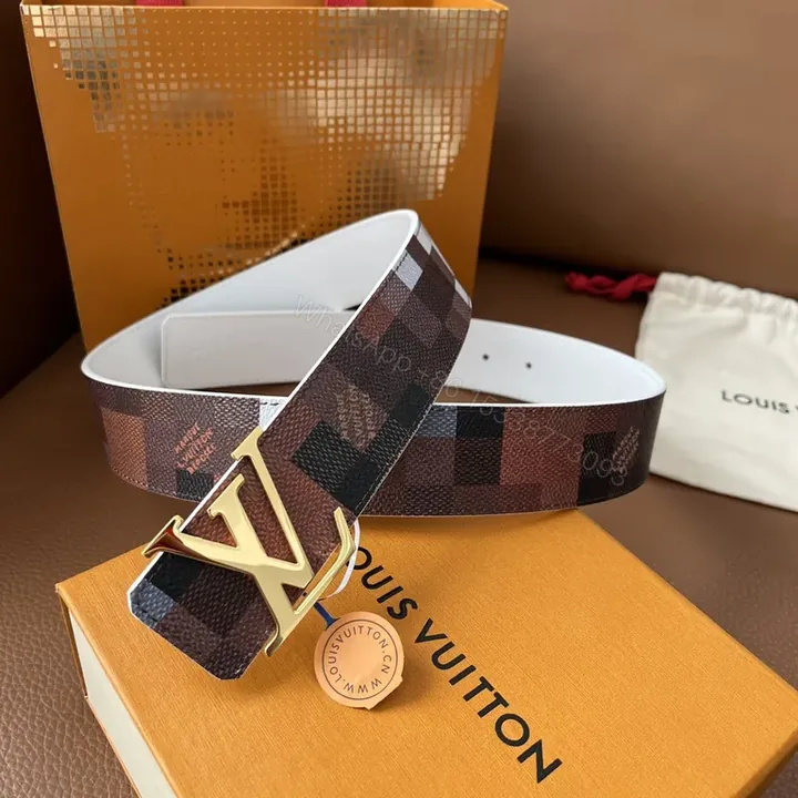 View 1 of Statement Pattern Leather Belt with LV Buckle - Luxury Brown/Black Belt