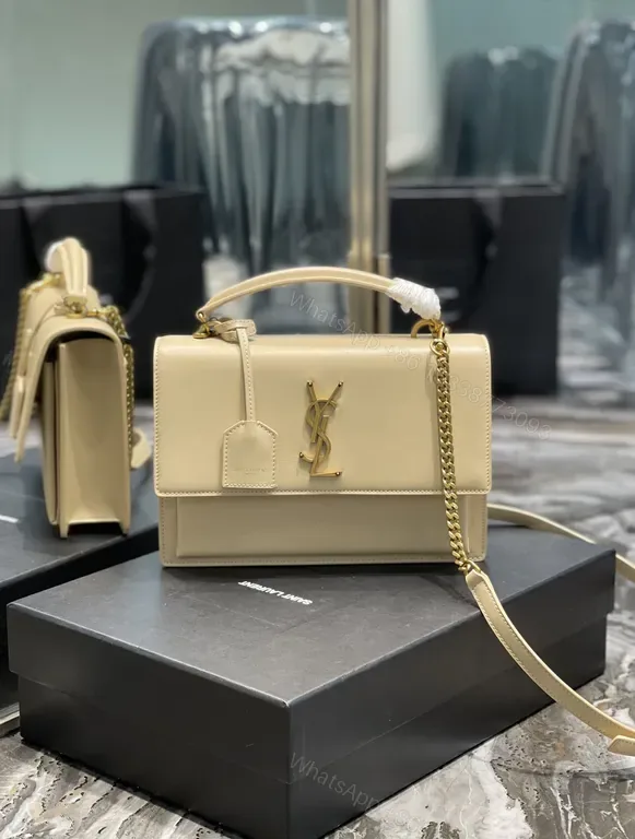 View 1 of Beige Leather Handbag â€“ Structured YSL Monogram, Top-Handle