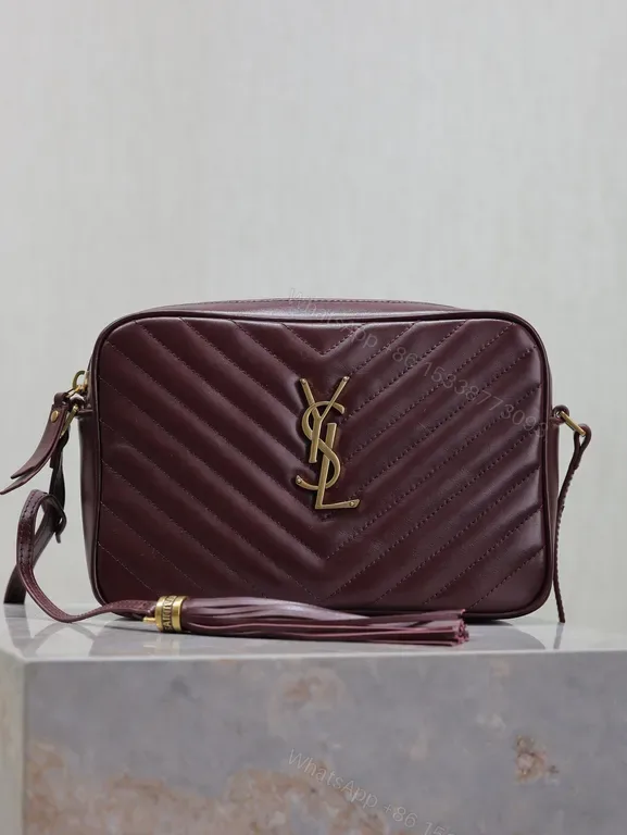 View 1 of Rich Calfskin Burgundy Quilted Crossbody â€“ YSL Monogram, Structured Luxury