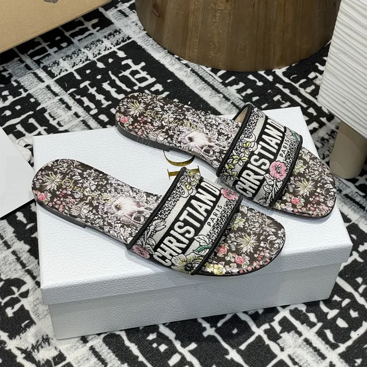 View 1 of 高仿Dior*Dway系列KCO213圓頭套腳拖鞋平底黑色彩花免檢版