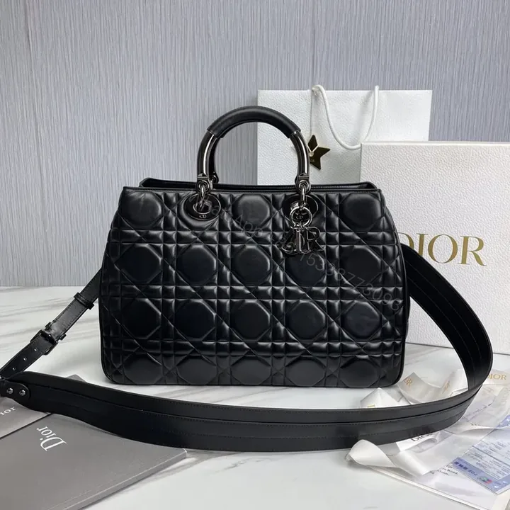 View 1 of Black Leather Faux Dior Handbag: Diamond Quilted, Silver Hardware, D&R Charm, Top Handles/Shoulder Strap