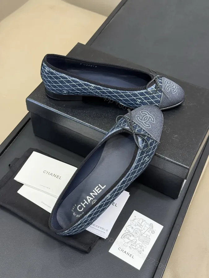 View 1 of Denim-Texture Ballet Flats with Logo Intarsia