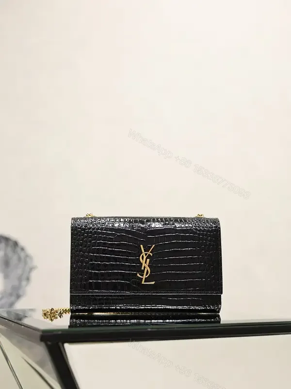 View 1 of Black Crocodile-Embossed Leather Mini Shoulder Bag with Gold YSL Logo