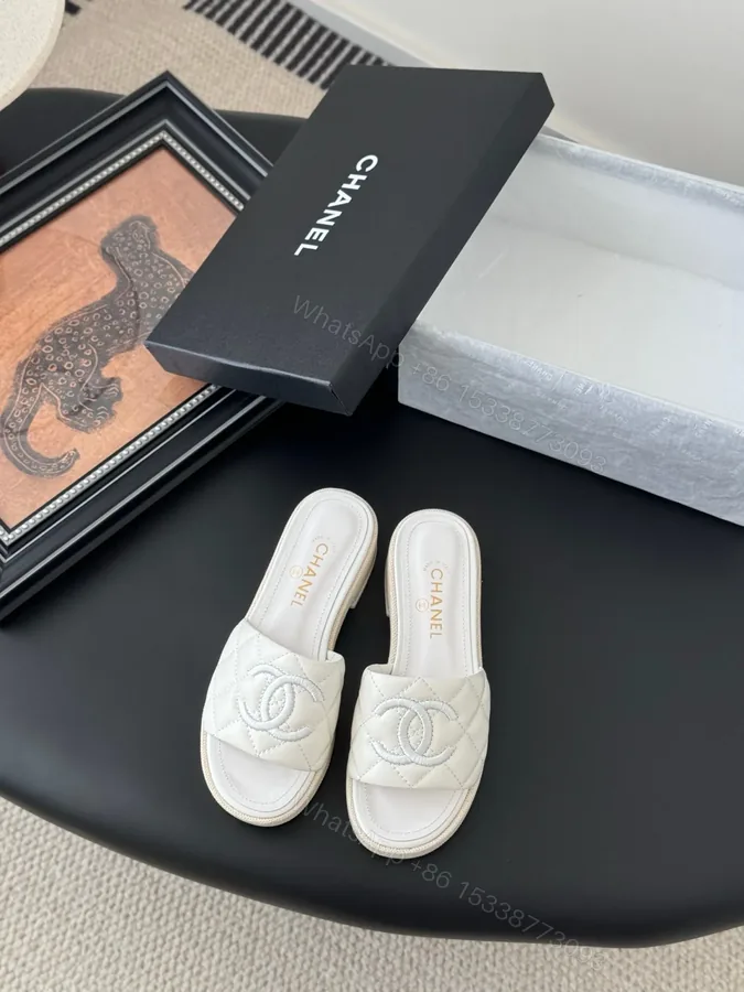 View 1 of Chanel Women White Quilted Leather Slides