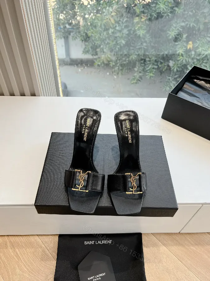 View 1 of Black Satin Mules with YSL Gold Emblem - Luxe Everyday Glam