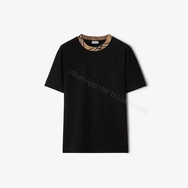 View 1 of Black Cotton T-shirt Plaid Neckline Detail Short Sleeve Tee