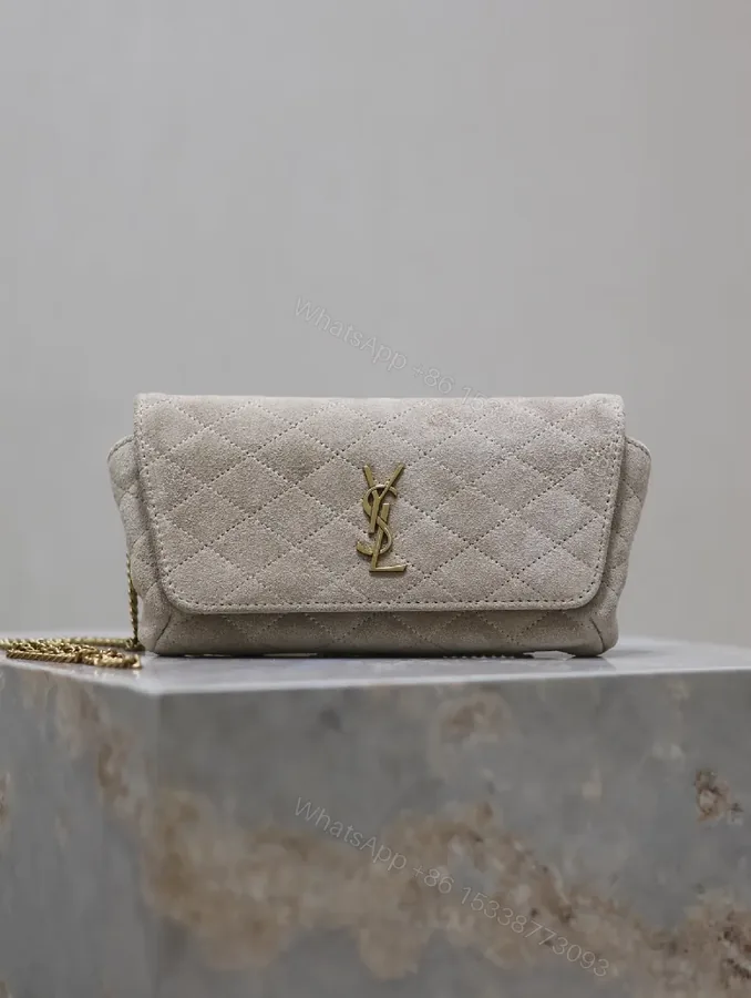 View 1 of Quilted Suede Clutch with Gold Logo Hardware - Classic Chic Clutch