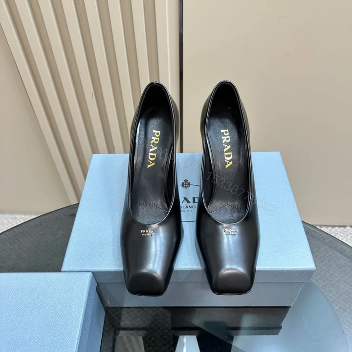 View 1 of 高仿Prada*1I837A方頭粗跟高踭鞋8.5CM小牛皮黑色免檢版