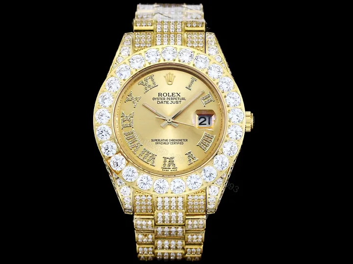 View 1 of Rolex Day-Date Gold Champagne Iced Replica 42MM Premium Full Gold Bracelet Champagne Dial Edition RG-ROLEX-DD-GOLD-CHAMP-ICED-FULL-42