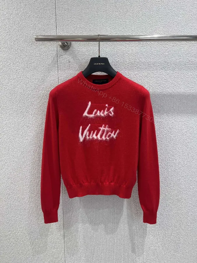 View 1 of Red Knit Crewneck with White Script Sweater Edge